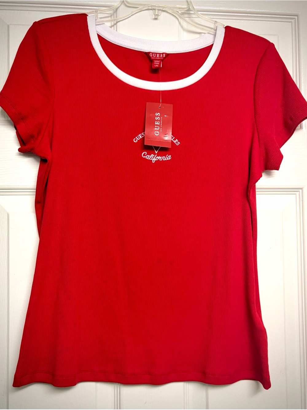 GUESS Red Short-Sleeve Ribbed Tee with White Crewneck Trim
